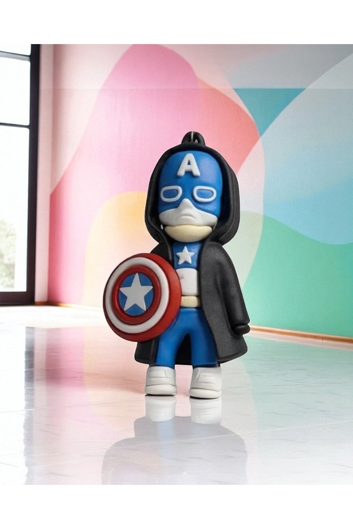 Captain America Figürlü Mavi-Siyah Anahtarlık | Çanta Süsü | Erkek & Kadın Kullanımına Uygun