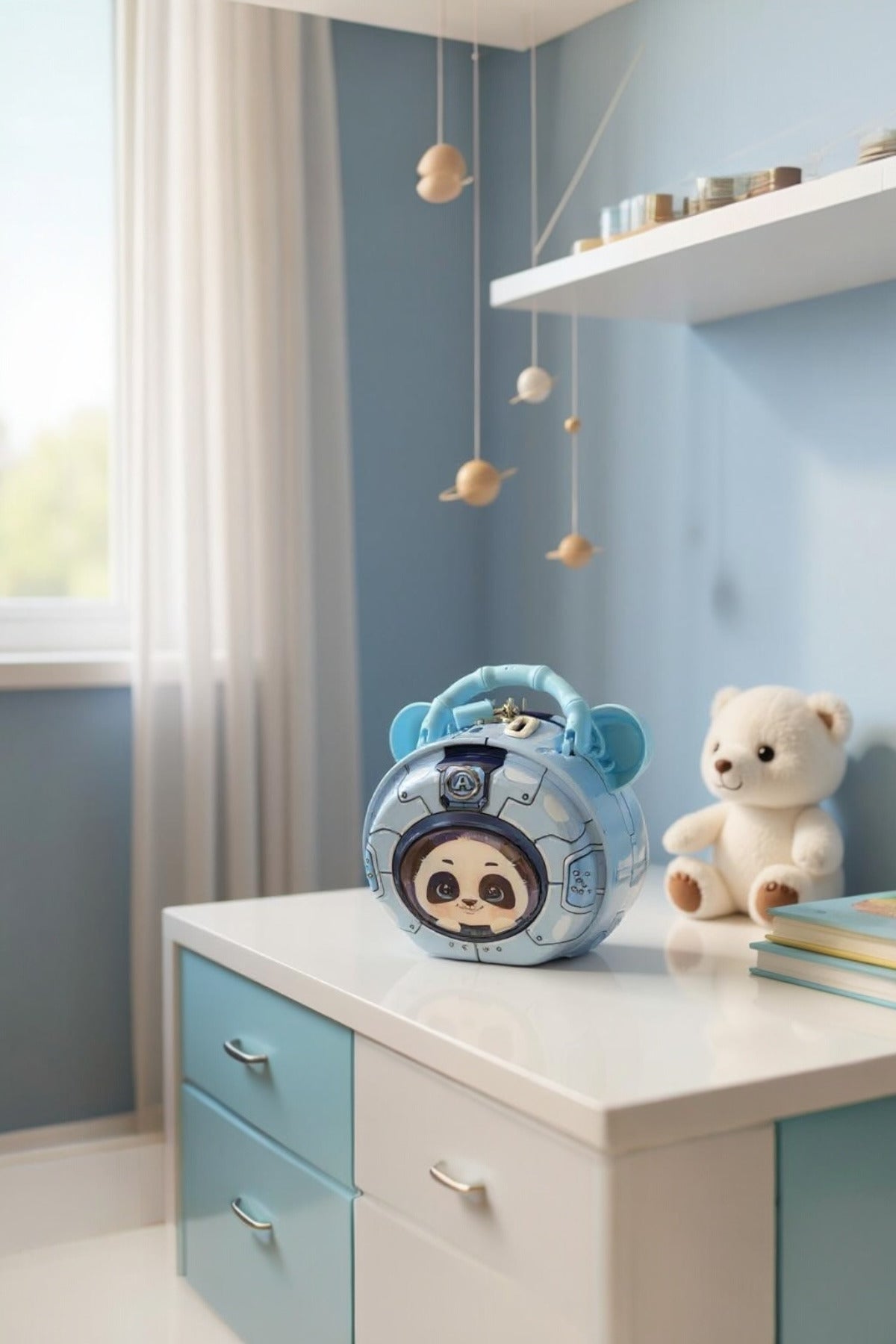 Astronot Panda Figürlü Metal Kumbara - Mavi, Kilitli