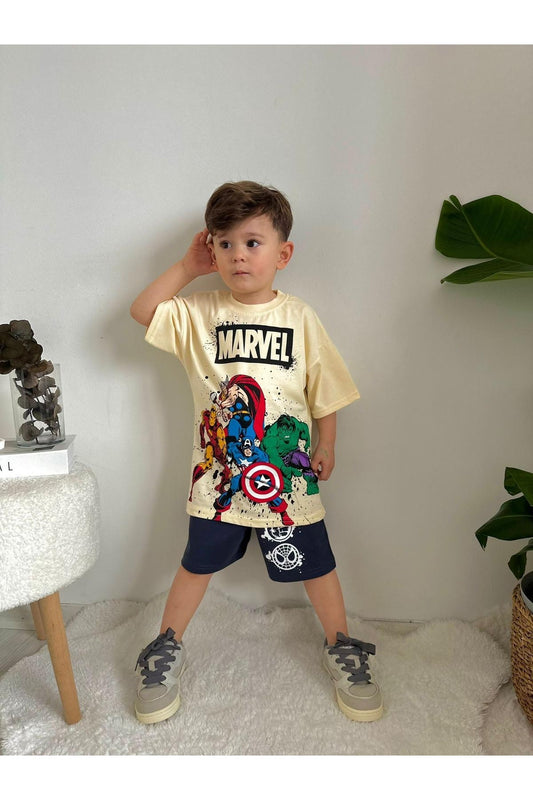 Erkek Çocuk Marvel Karakterli Tişört ve Şort Takım – Sarı-Lacivert 2’li Yazlık Kombin