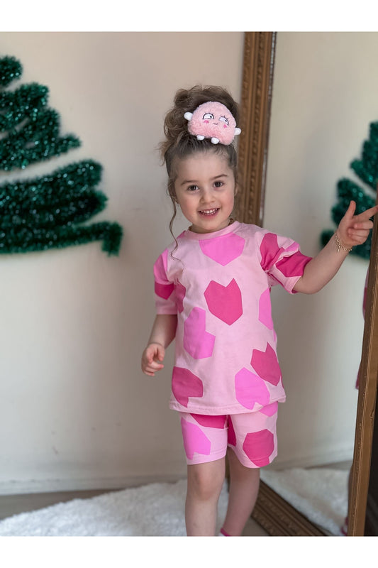 Kız Çocuk Kalpli Şortlu Takım - Pembe (2-6 Yaş)