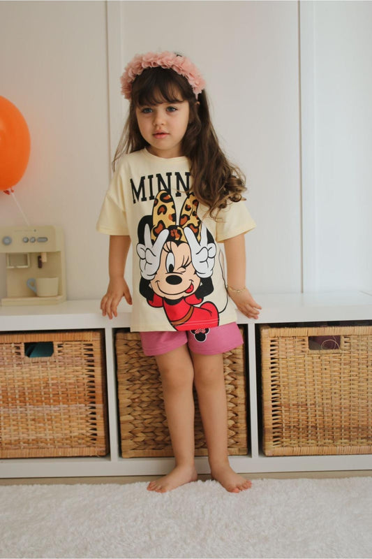 Kız Çocuk Minnie Mouse Baskılı 2’li Yazlık Takım – Sarı Tişört Pembe Şort