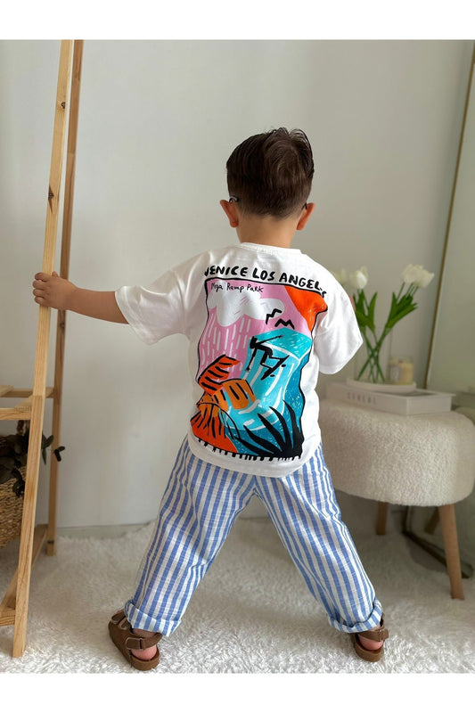 Erkek Çocuk Baskılı Tişört ve Çizgili Pantolon 2’li