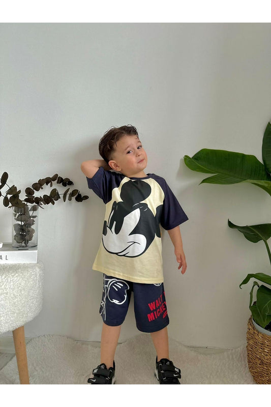 Erkek Çocuk Mickey Mouse Baskılı Kısa Kollu Siyah-Krem Takım – 2’li Yazlık Kombin
