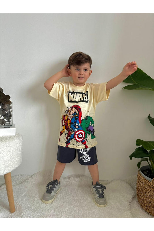 Erkek Çocuk Marvel Karakterli Tişört ve Şort Takım – Sarı-Lacivert 2’li Yazlık Kombin