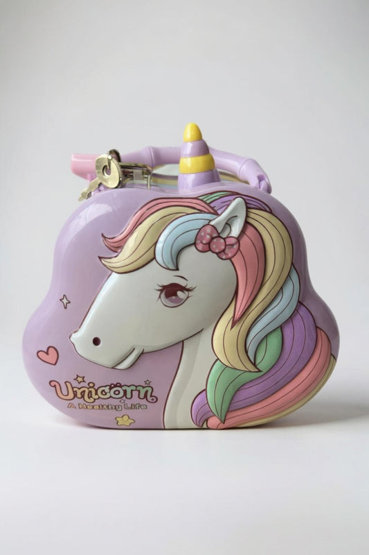 Sevimli Unicorn Figürlü Metal Kumbara - Lila, Kilitli
