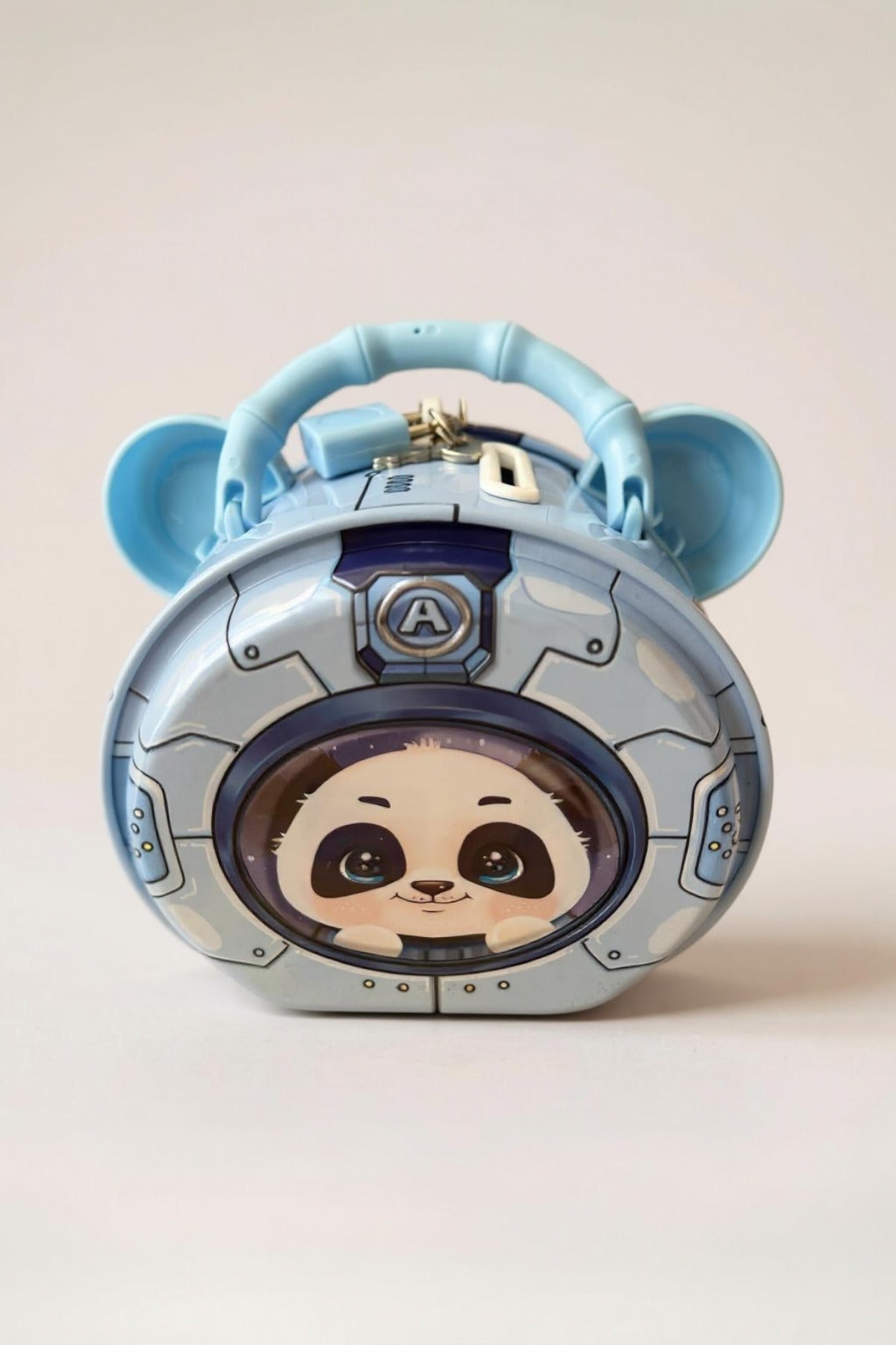 Astronot Panda Figürlü Metal Kumbara - Mavi, Kilitli