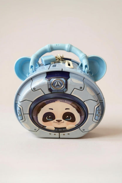 Astronot Panda Figürlü Metal Kumbara - Mavi, Kilitli