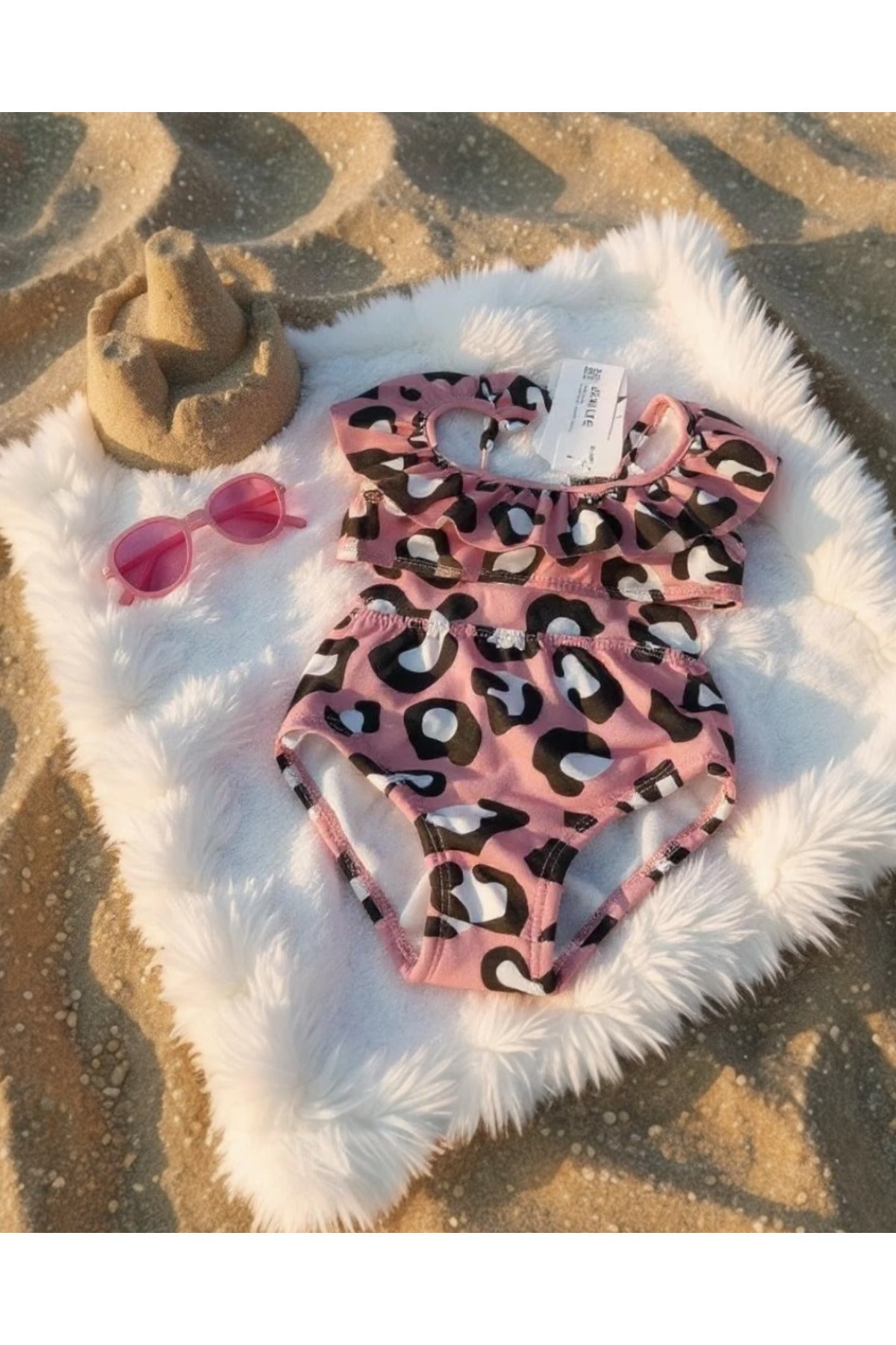 Kız Çocuk Pembe Leopar Desenli İki Parça Mayo Seti