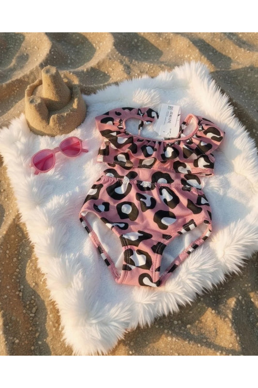Kız Çocuk Pembe Leopar Desenli İki Parça Mayo Seti