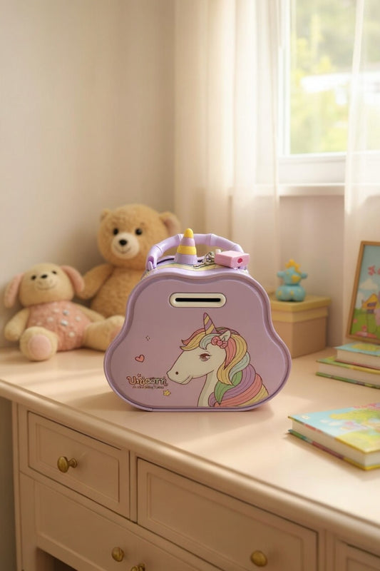 Sevimli Unicorn Figürlü Metal Kumbara - Lila, Kilitli