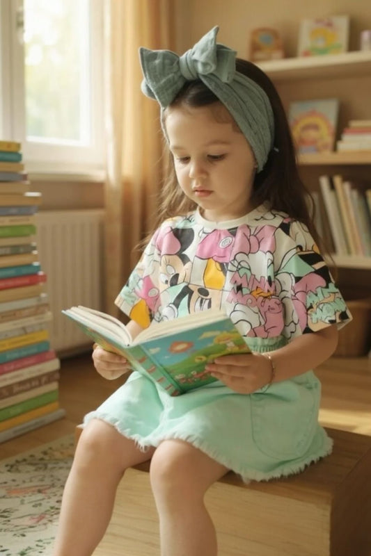 Kız Çocuk 2’li Takım Minnie Desenli Tişört ve Pembe Kot Etek